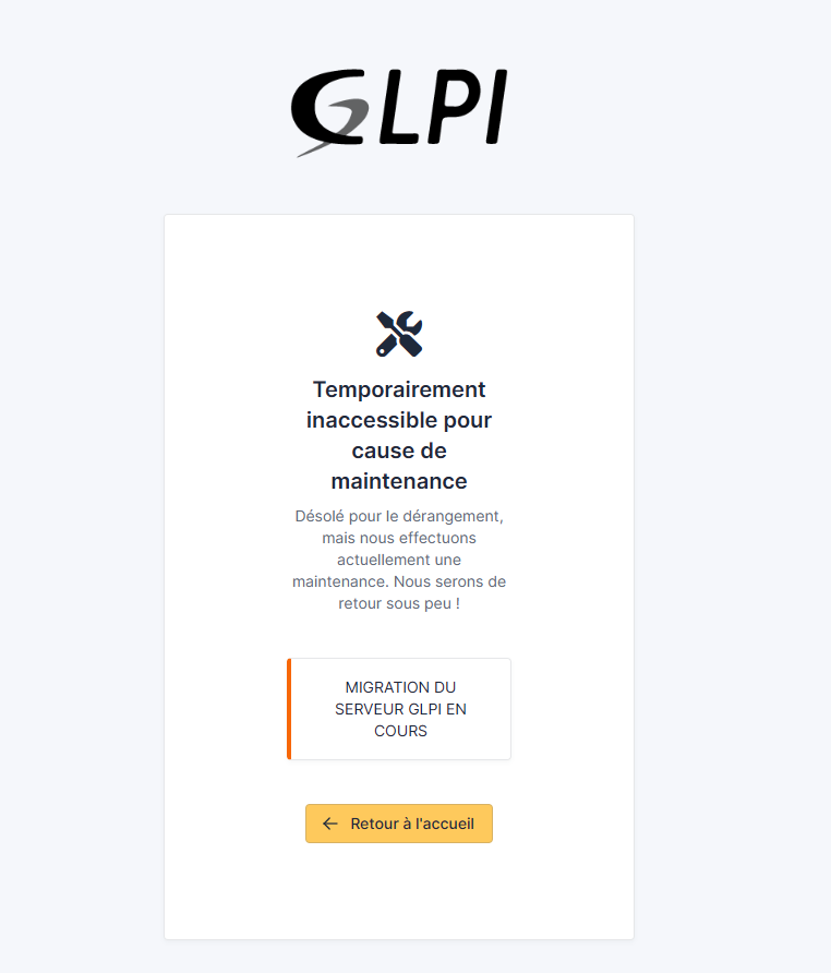 Page de maintenance GLPI pendant la migration